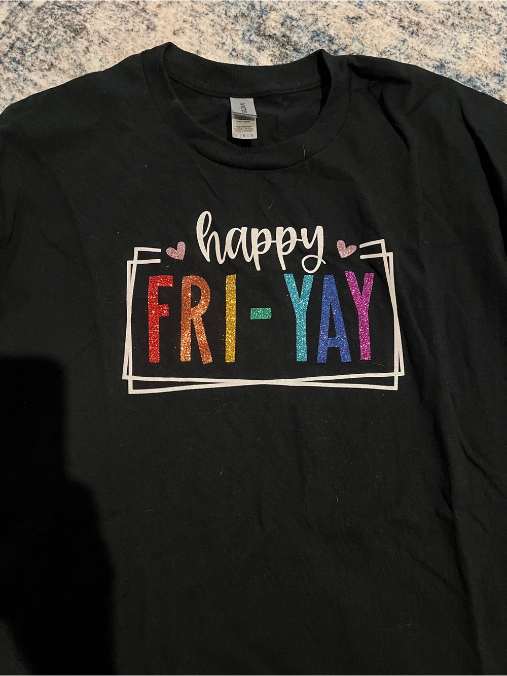 Happy FRI-YAY Black Graphic Tee with Rainbow Glitter Letters